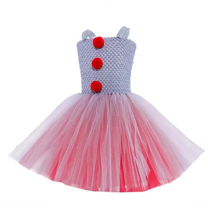 Vestido tutu de palhaço cinza para meninas, carnaval, cosplay, tule, roupa infantil, festa assustadora, roupas de halloween, fantasia para crianças