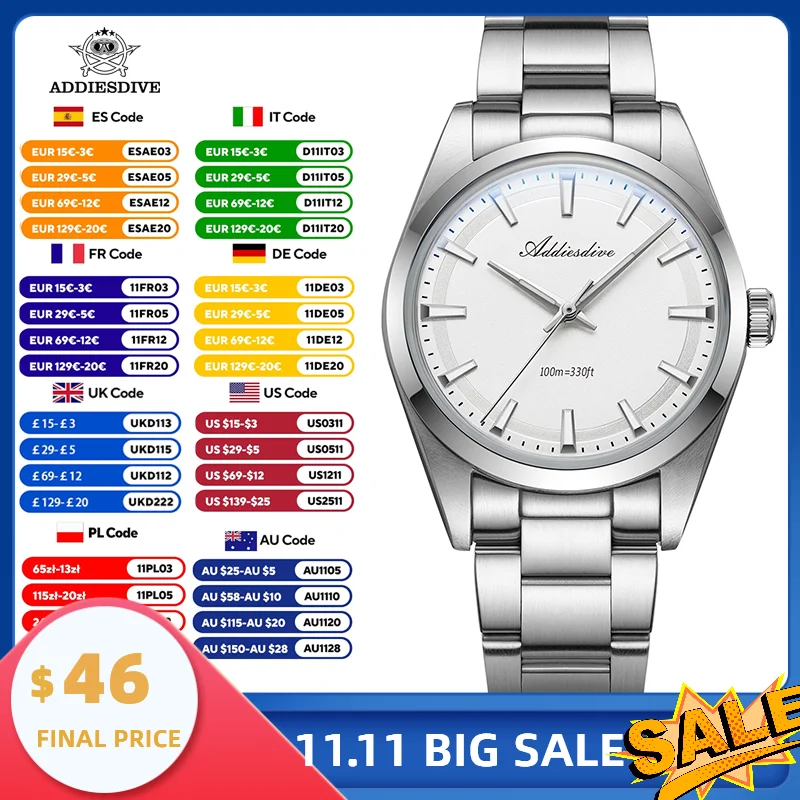ADDIESDIVE 스테인레스 스틸 쿼츠 시계 버블 미러 유리 아날로그 시계 BGW9 슈퍼 루미 너스 100m 방수 남성용 시계AD206