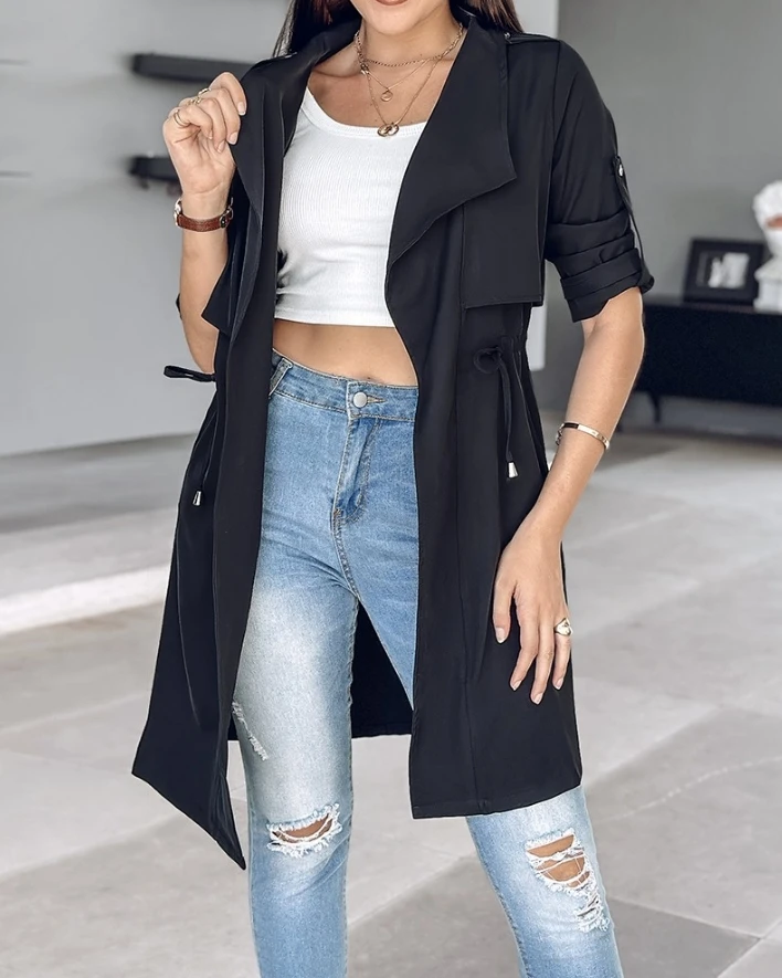 Urban Fashion eleganter Mantel 2024 Herbst Winter lässig weibliche Kleidung Outfits Roll Tab Ärmel Kordel zug Trench Jacke Top