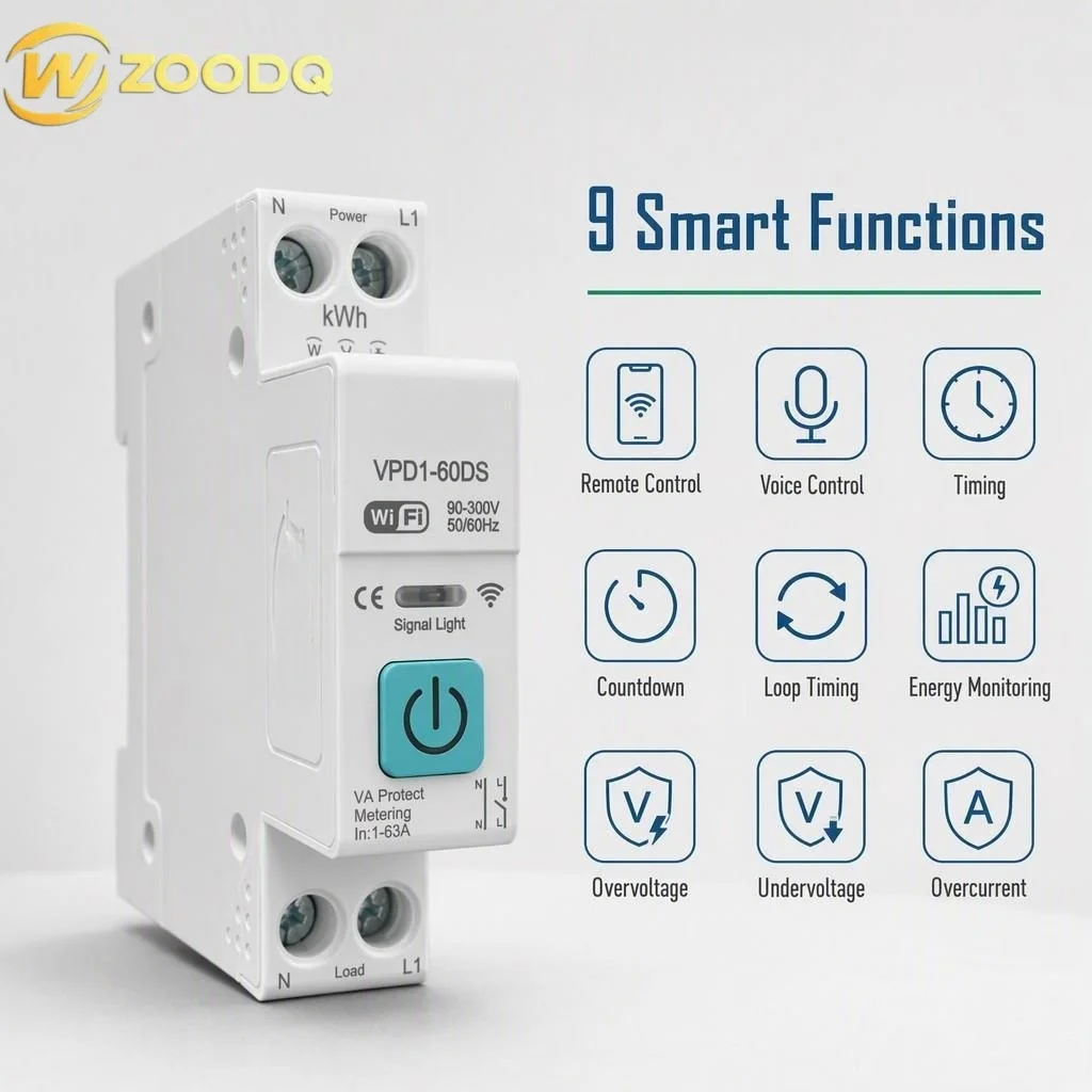 Intelligent 1P+N WiFi Tuya Smart Switch Circuit Breaker1-63A 90-300V with Metering,Timing and Voice Control for Smart Home Users