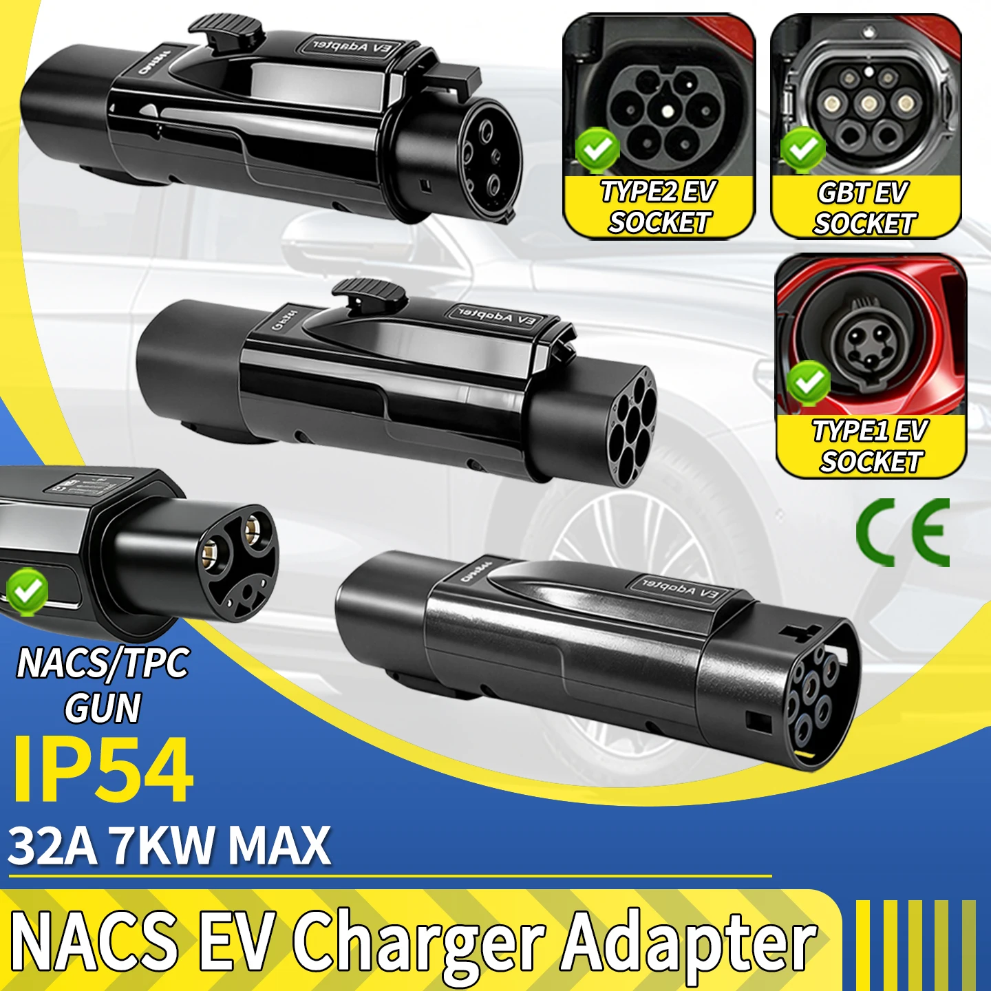 32A 7KW NACS/TPC EV Electric Vehicle Charging Adapter with Anti-Theft Lock Tesla Charging Station to GBT Type2 Type1 Adapter for