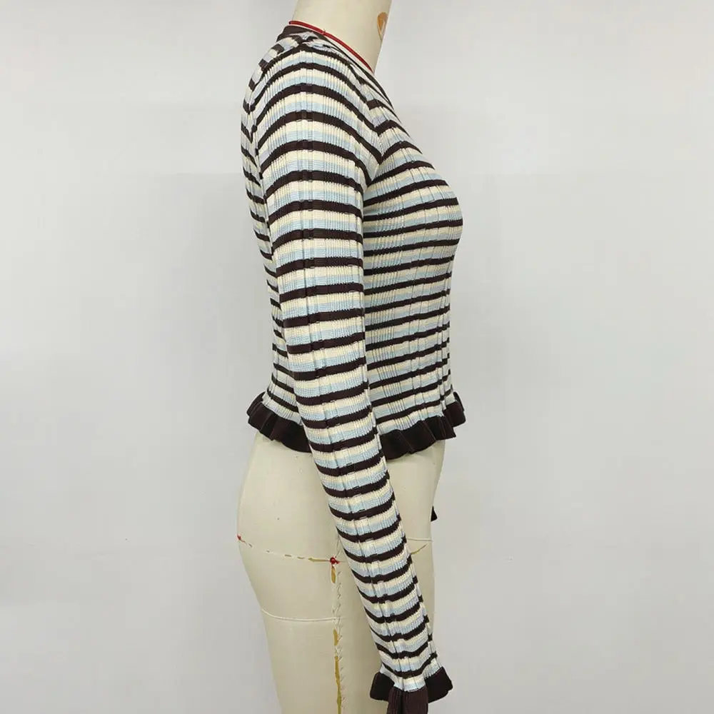 Women Stripe Knit Sweater Vintage O Neck Slim Fit Flare Sleeve Pullover Autumn Casual Chic Crop Top Soft Cotton Knitwear