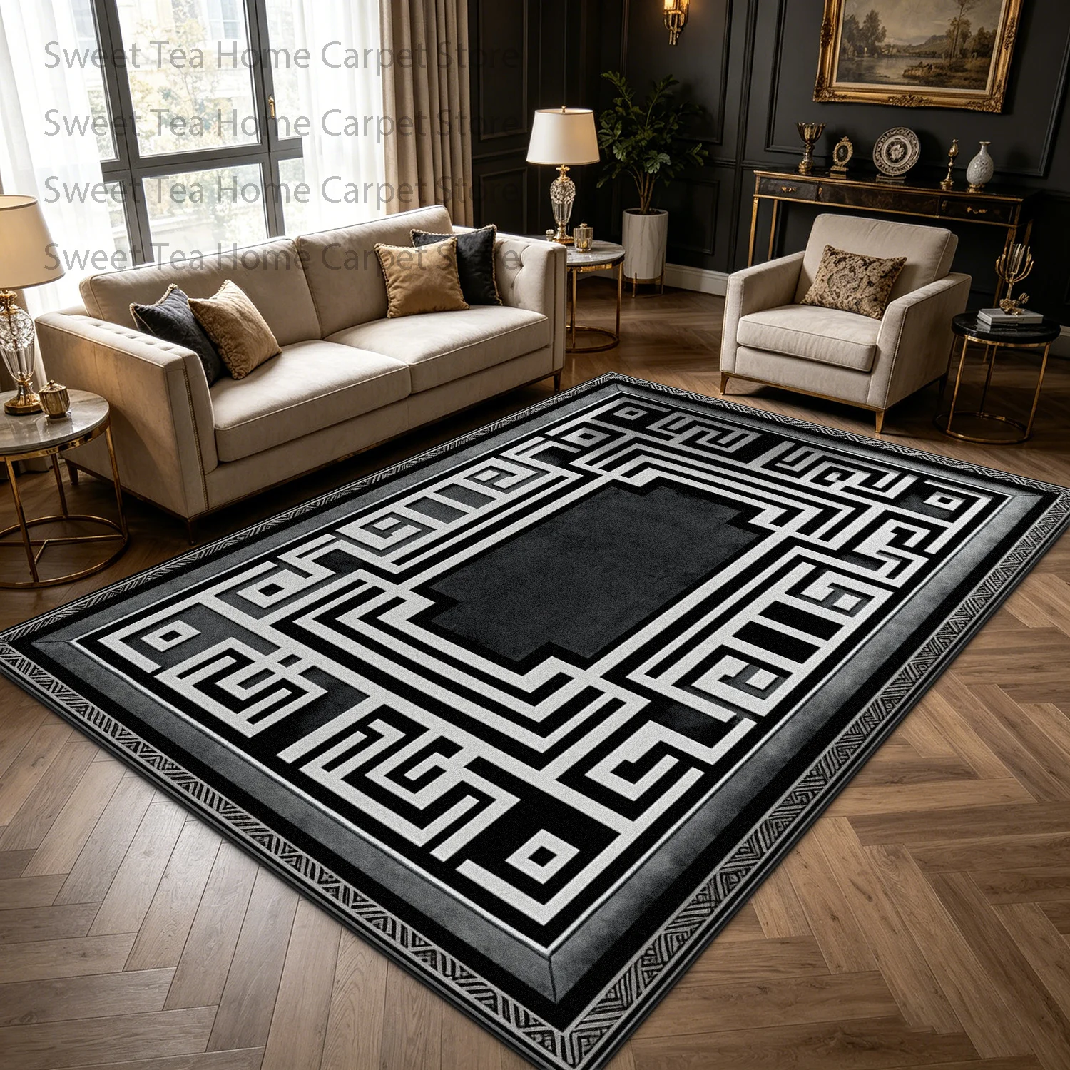 Chinese Classical Geometric Parlor Washable Carpet Black White Non-slip Soft Decoration Bedroom Mat Large Area Dining Room Mat