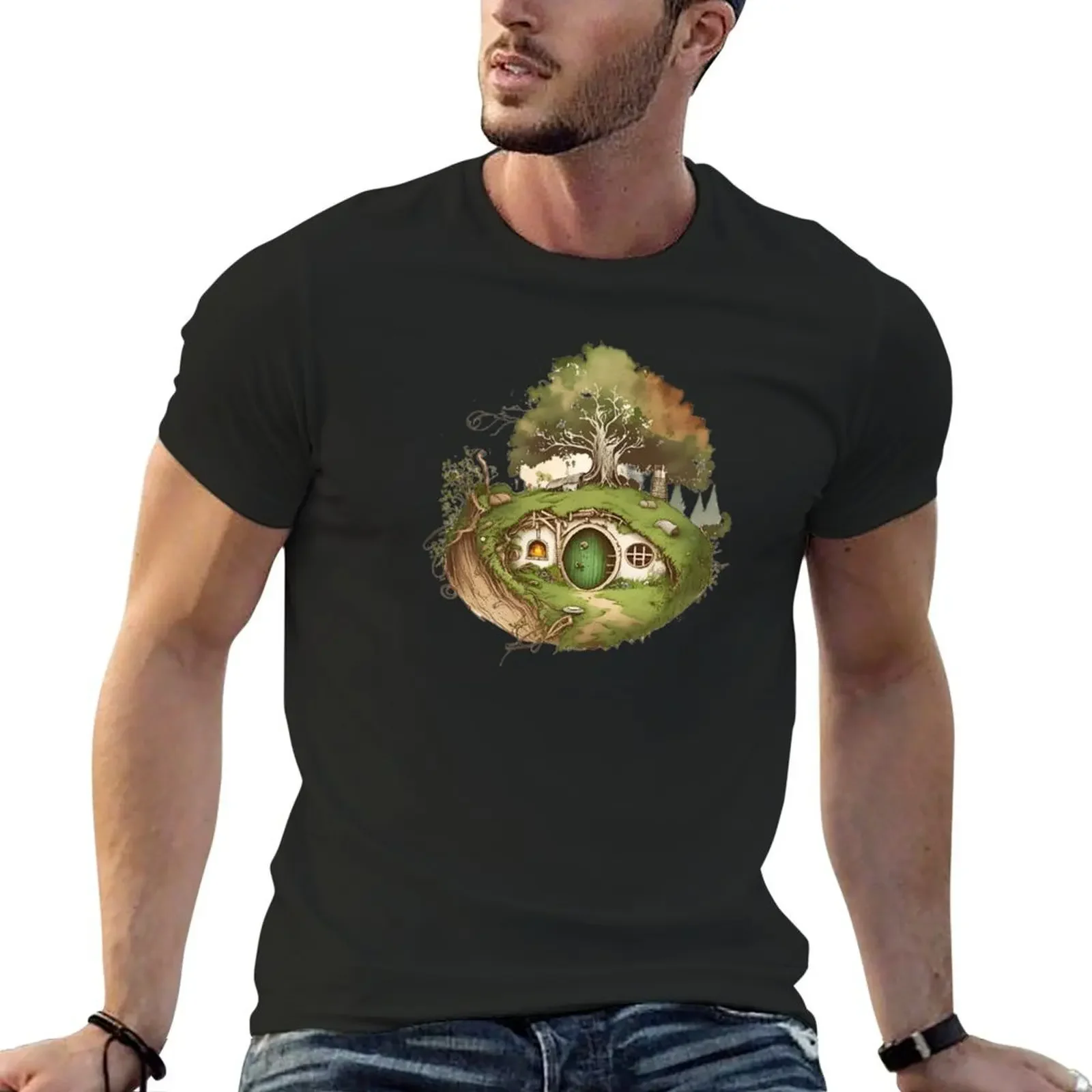 Halfling Home - Round Doors - Black - Watercolor Art Fantasy T-Shirt graphic t shirts street wear anime figures clothing for men