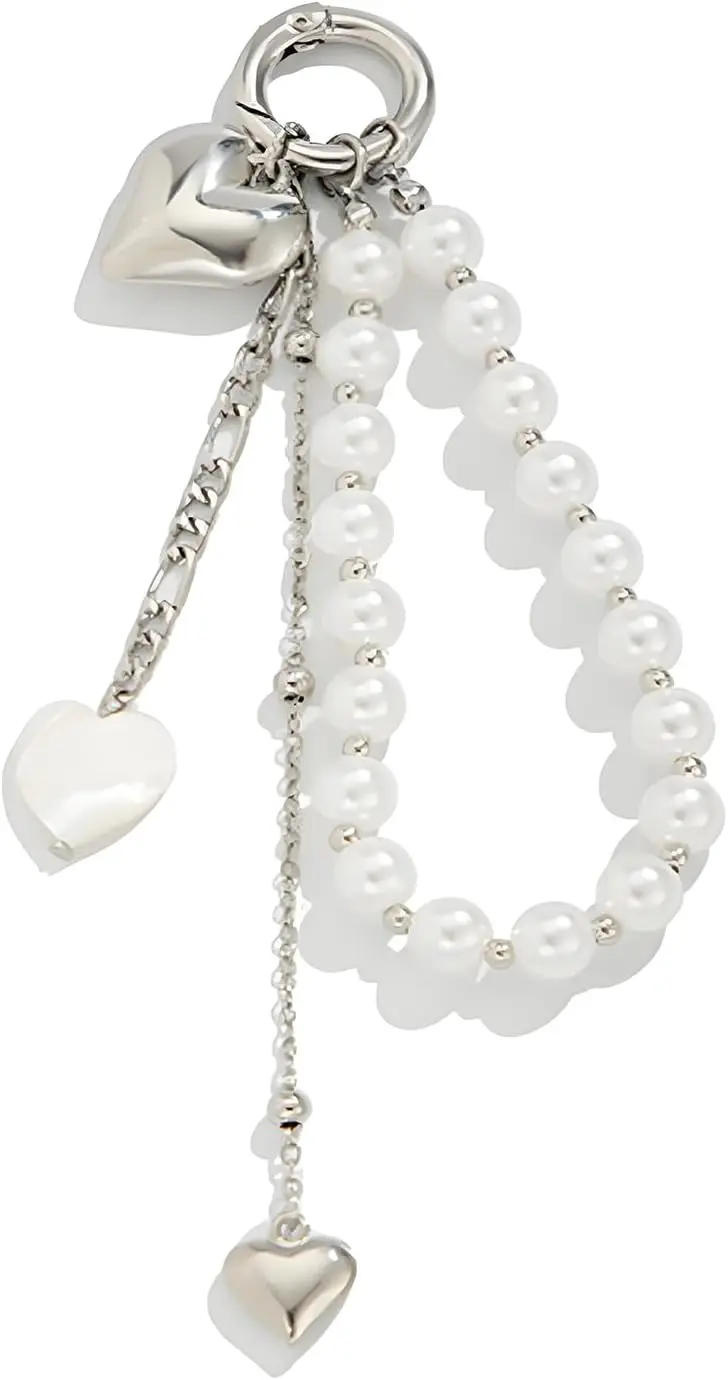 

Y2K Pearl Bead Heart Tassel Keychain Wristlet Bag Charm Silver White Acrylic Metal Phone Accessory for Women