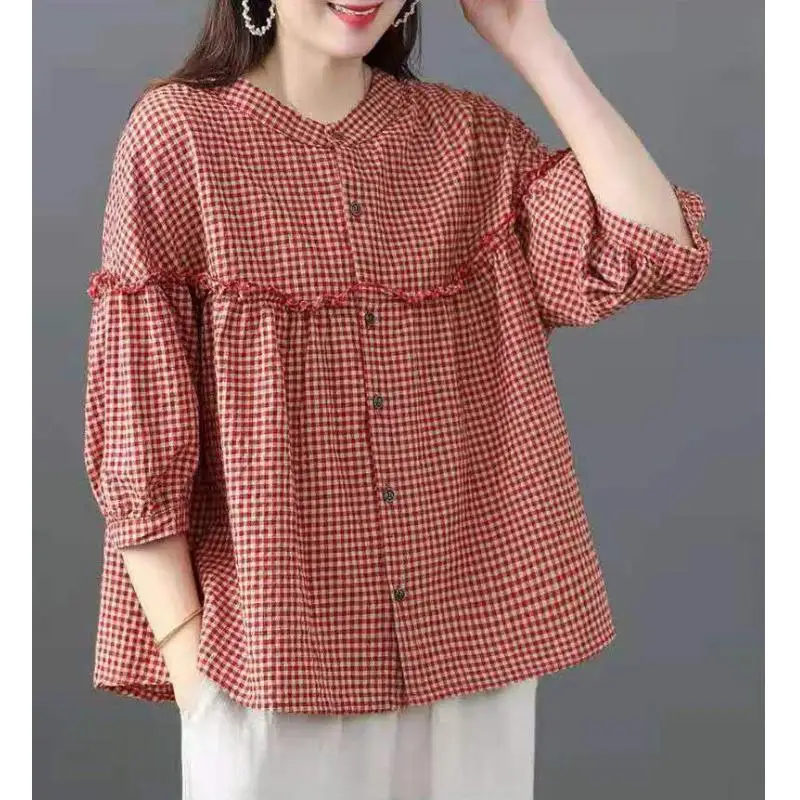 النمط الياباني القطن والكتان منقوشة قميص المرأة الصيف جديد خمسة بوصة كم الإناث بلوزة أزياء المرأة قمم