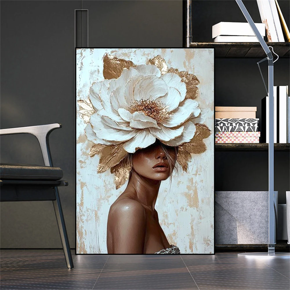 Flower on Head Prints Canvas Painting Wall Art Poster Home Bedroom Decoration Modern Woman Portrait Golden