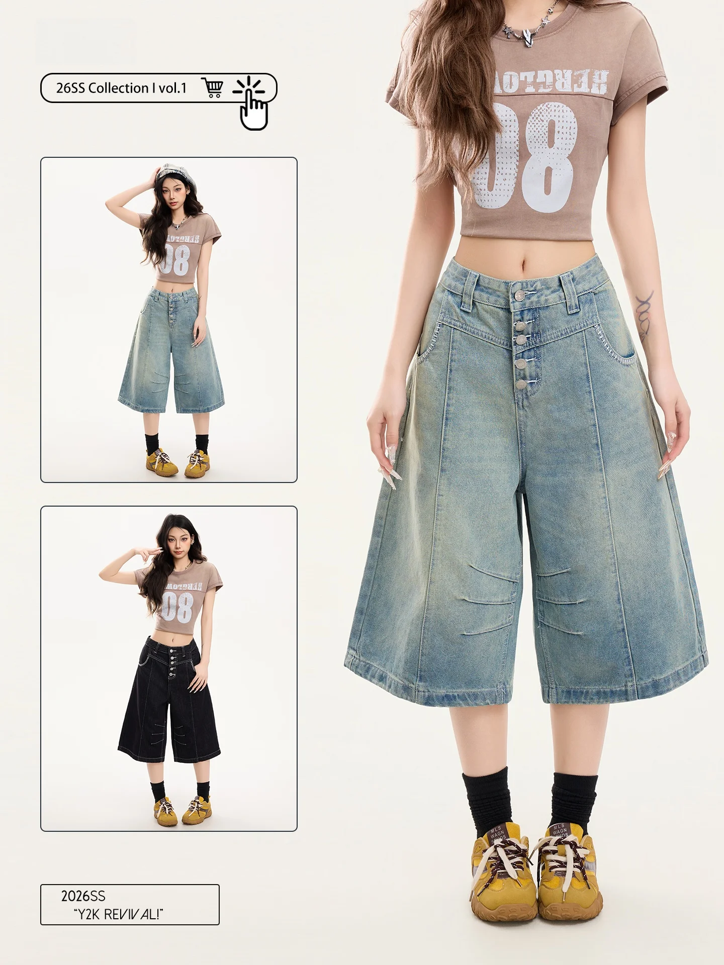 

PBB High Waist Wide Leg Jeans Women's Casual Washed out Denim Capri Pants Loose Fit Straight Cut Anti-Aging Street Style