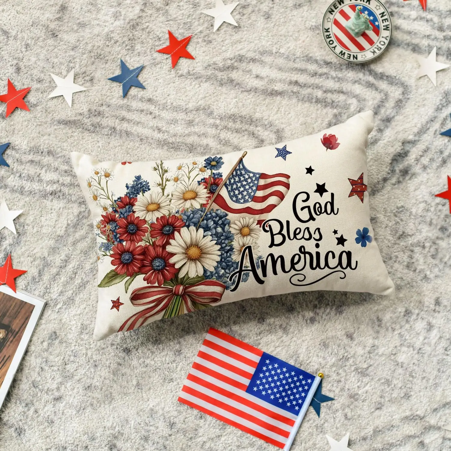 1pc God Bless America Stars and Stripes Floral  Lumbar Pillow Cover, Suitable for Sofa, Bedroom, Living Room, Patriotic Decor,