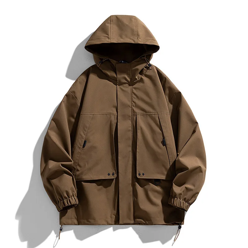 Men Jacket Hooded Loose Cargo Pocket Hiking Coat Drawstring Casual Windbreaker Jackets Outerwear Y2k Streetwear Vintage Autumn