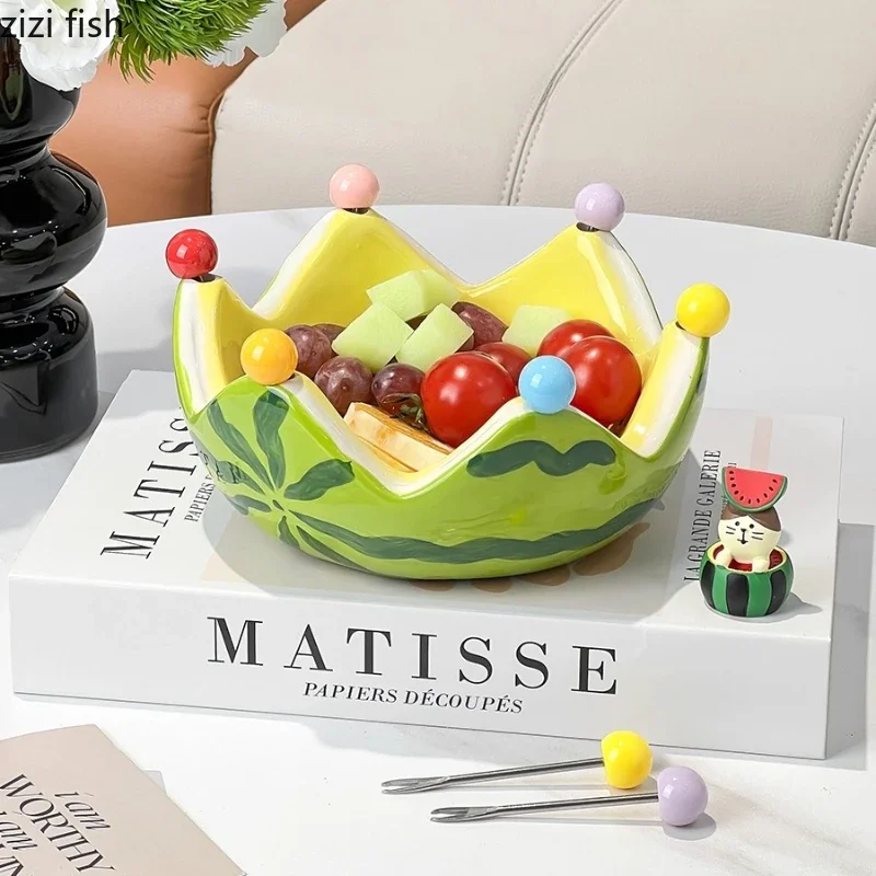 Watermelon Fruit Plate Ceramic Bowl Storage Jar Fruit Fork Set Bowl Salad Dessert Plate Toothpick Holder Tissue Box Snack Plates