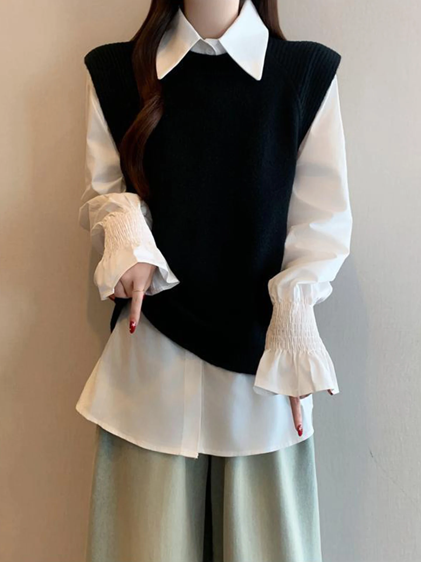 

Комплект из двух предметов: вязаный жилет с длинными рукавами и юбка больших размеров для женщин, весенняя модная повседневная одежда с высокой талией и воротником