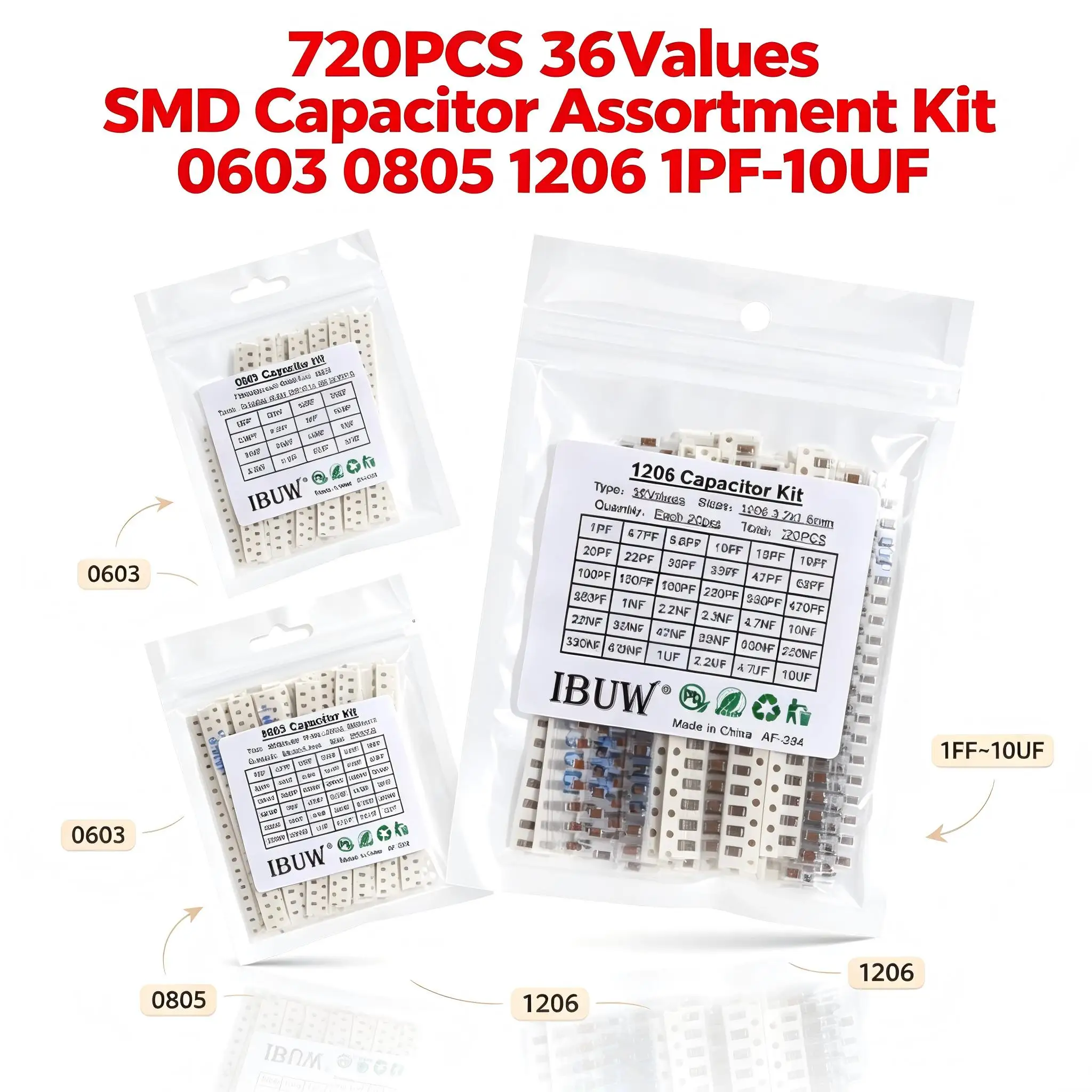 0603/0805/1206 SMD Chip Capacitor Sample Kit 720Pcs 36Types 1PF to 10UF Ceramic Capacitor Assortment Box