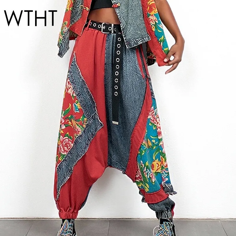 

WTHT винтажные модные женские джинсовые свободные брюки с цветочным принтом, осень 2022, эластичные джинсы с высокой талией, женские 1LS2466