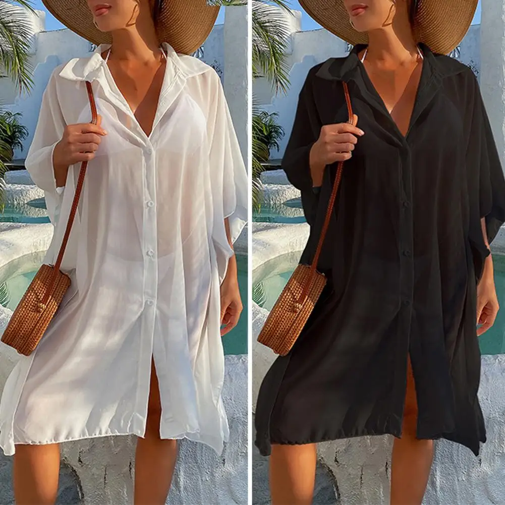 

Swimsuit Cover Up Solid Color Turn-down Collar Single-breasted Sunscreen Summer Bikini Dress Beachwear