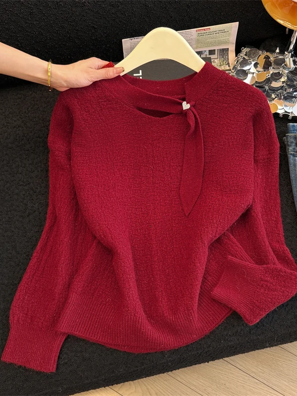 

Красный вязаный свитер для женщин, осенне-зимняя новинка, модный, облегающий, теплый, повседневный, с круглым вырезом, с длинными рукавами