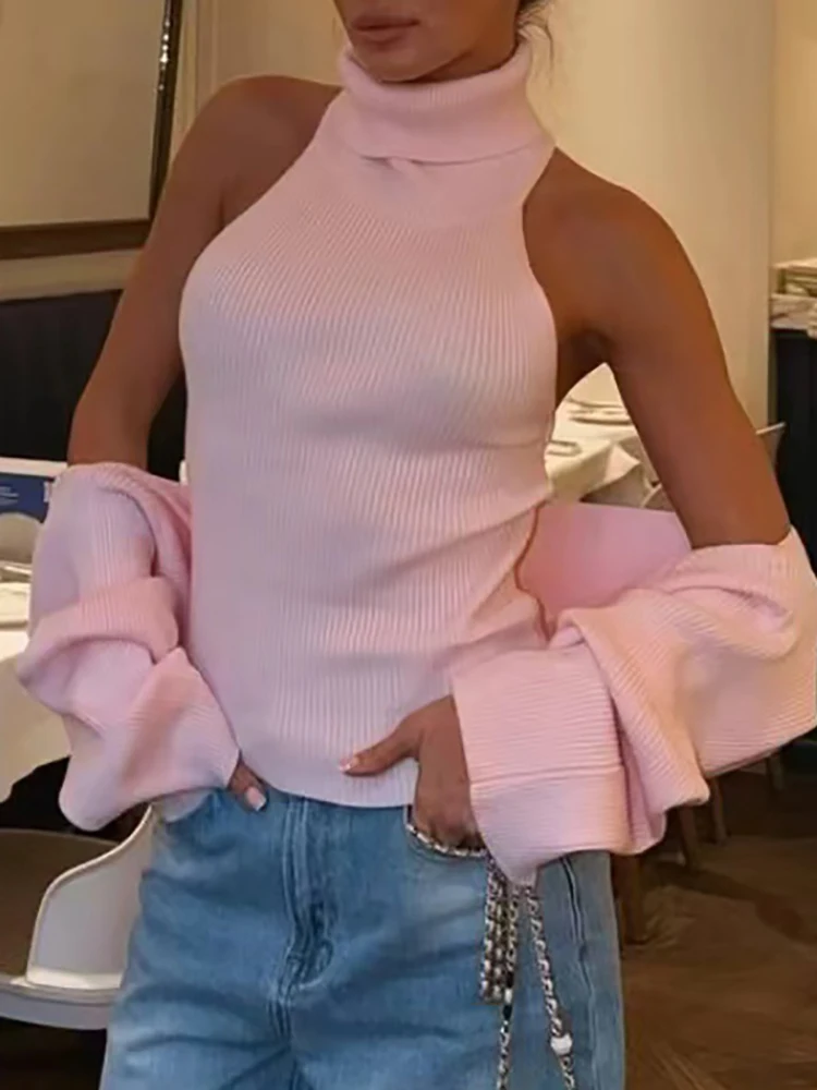Women Turtleneck Sleeveless Rib Tank Tops 2 Piece Knit Sweaters Oversized Drop Shoulder Long Sleeve Loose Sweater Shrug Pullover