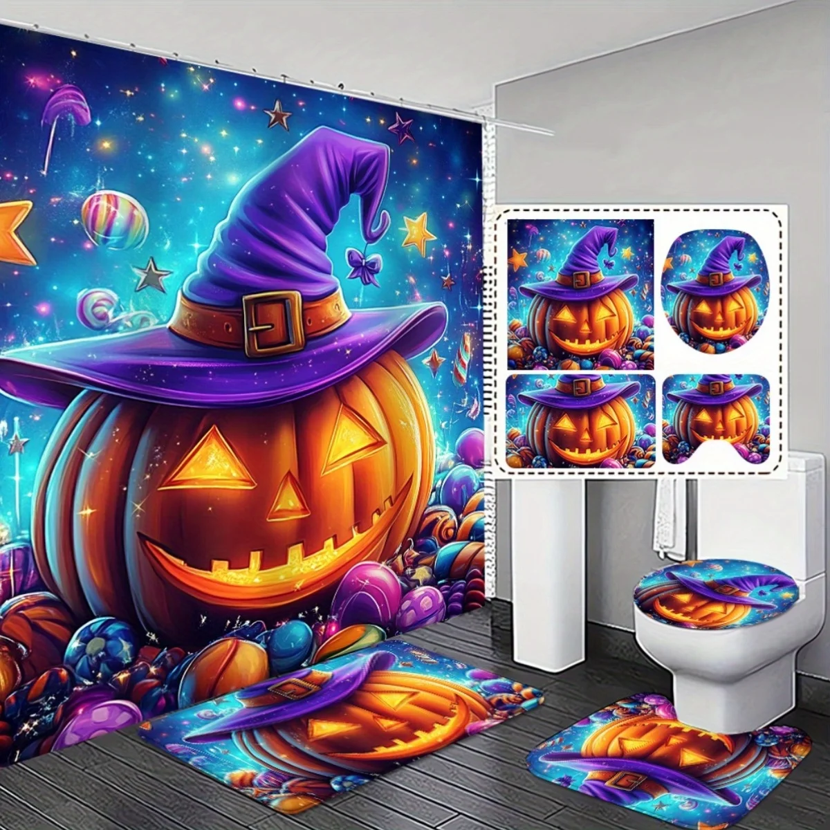 

4 шт., набор занавесок для душа на Хэллоуин с нескользящей крышкой для унитаза — фиолетовый оранжевый дизайн тыквы, прочный декор для ванной комнаты
