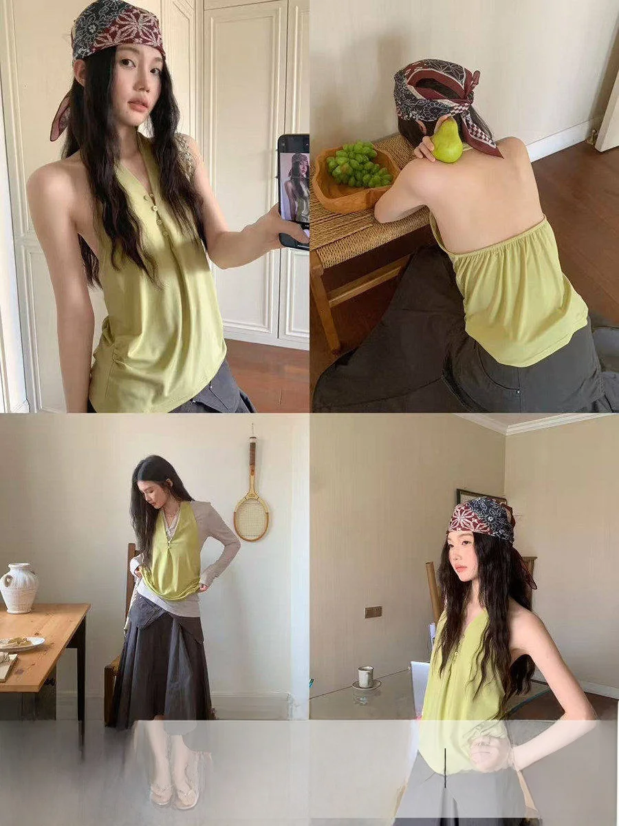 

Linyunyun Korean Style Yellow Neck Hanging Vest Long Sleeve Sun Protection V-neck Casual T-shirt Women's Fashion Spring Summe...