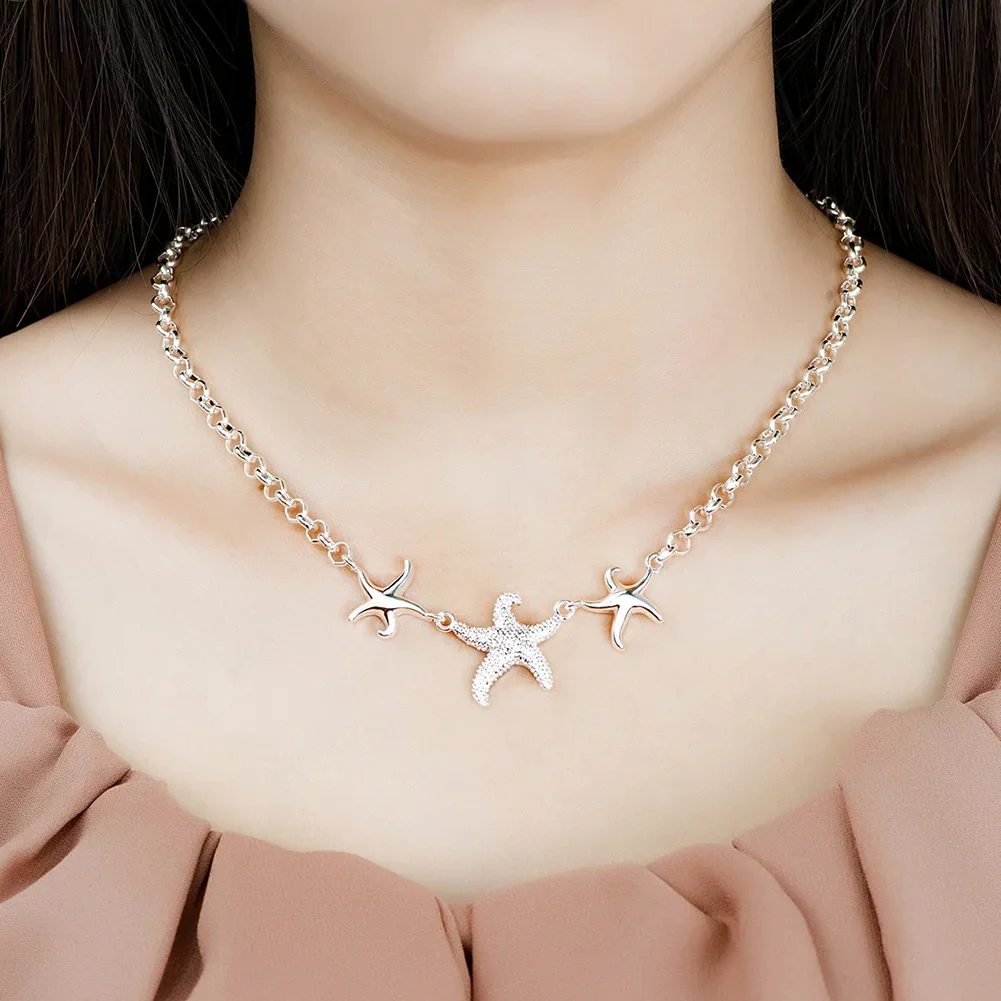 925 sterling Silver Beautiful three starfish Pendant Necklace For Women Luxury Fashion Party Wedding Accessories Jewelry Gifts