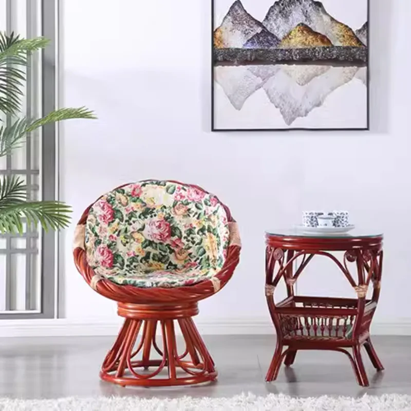 Rotating rattan chair three-piece set, real rattan back chair coffee table leisure balcony