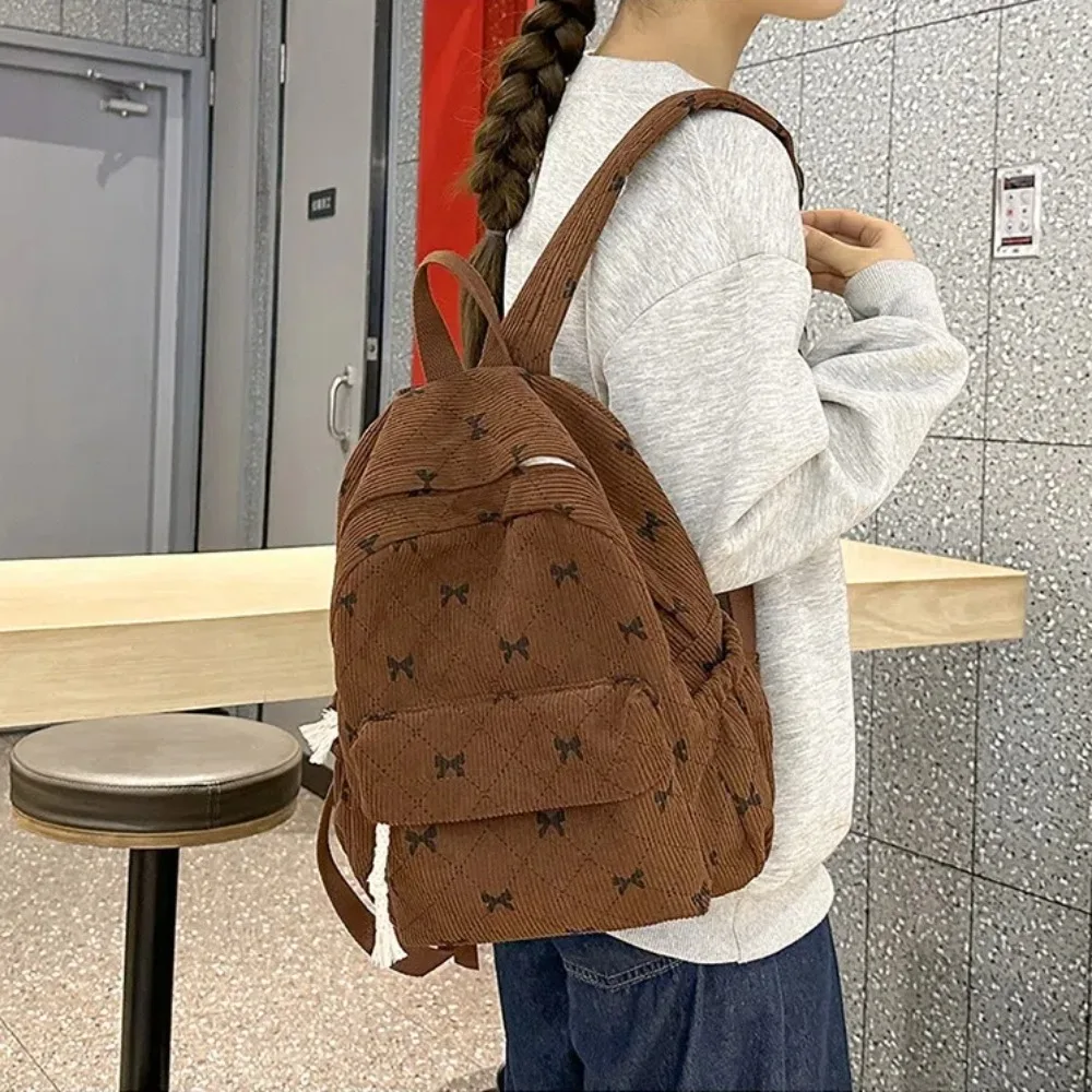 Fashion Bowknot Printed Women's Backpack Corduroy Large Capacity Book Bags Travel Rucksack Students