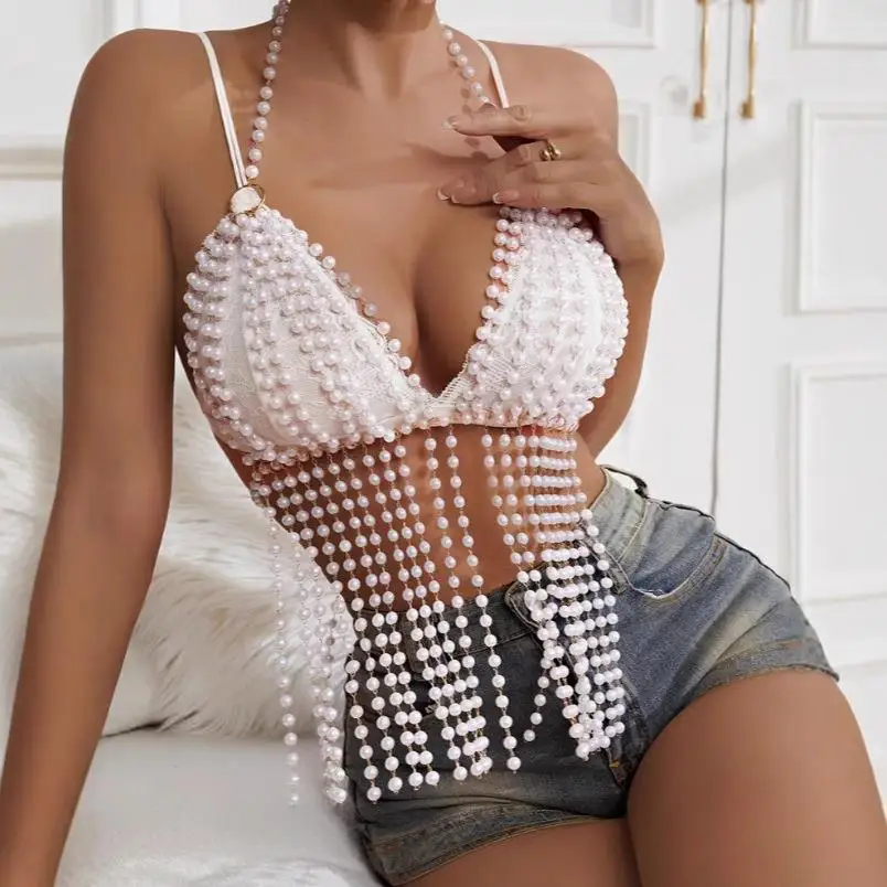L7519Y Women's Festival Versatile Pearl Tassel Vest Bra Top Chain Upper Shirt Short Length A-Line Narrow Strap Vest