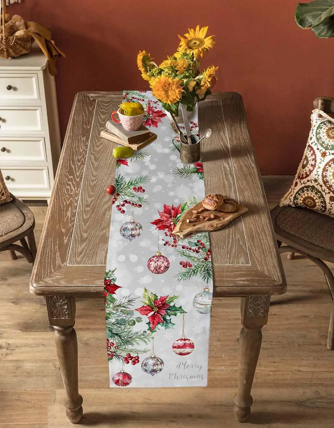 Christmas Ball Poinsettia Fir Leaf Snowflakes Linen Table Runner Dresser Scarf Red Berry Gray Table Runners Home Kitchen Decor