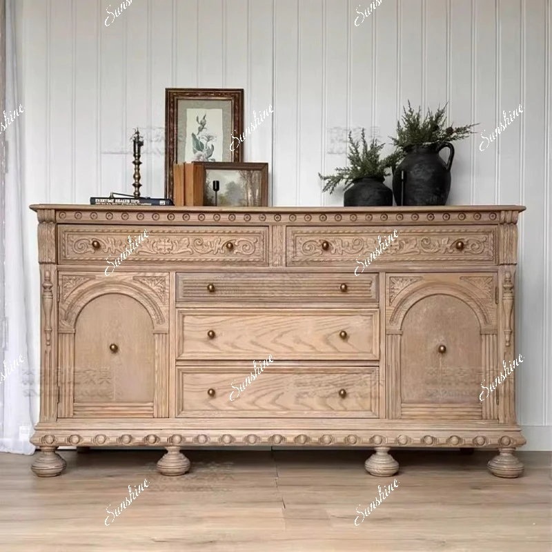 American retro carved dining side cabinet light luxury solid wood storage integrated storage against the wall