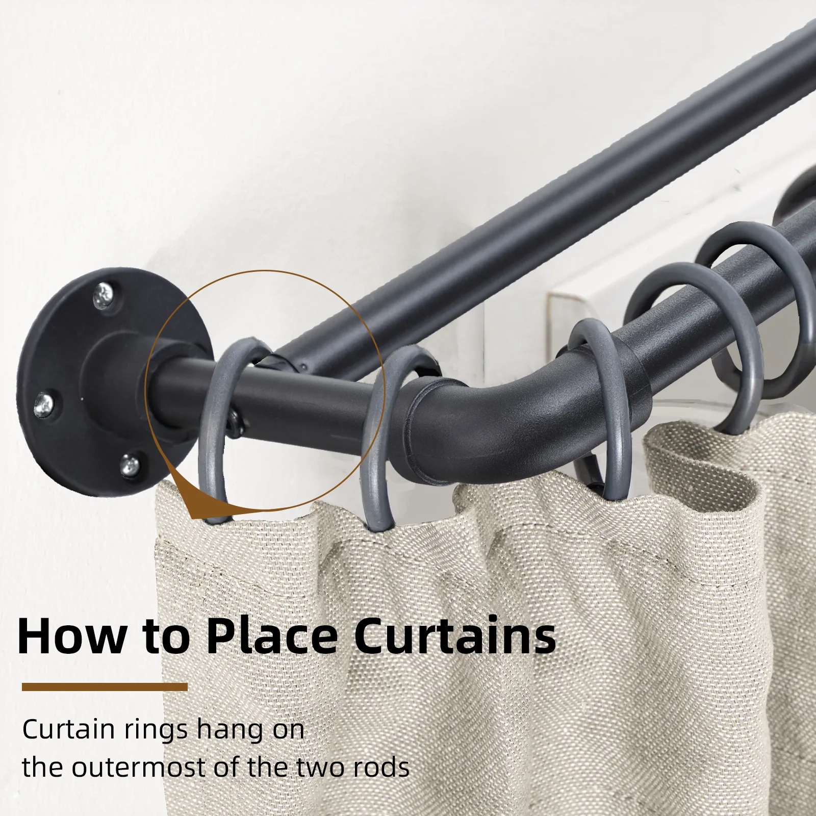 Industrial Double Curtain Rods for Windows, Adjustable Telescoping 1 Inch Black Double Curtain Rod Set Heavy Duty