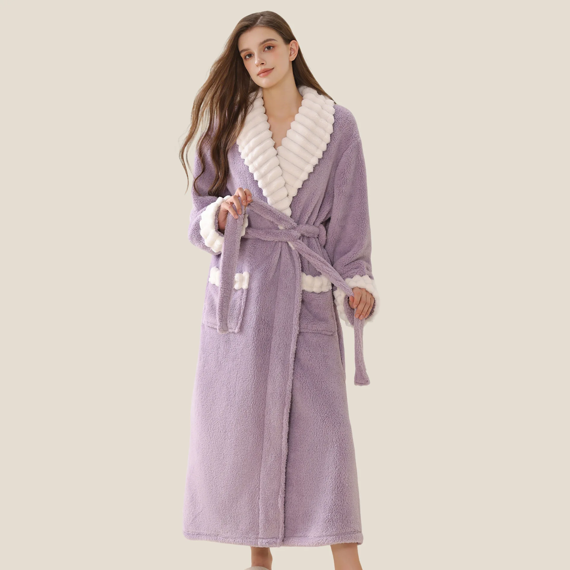 New American-Style Women's Bathrobe for Autumn and Winter, Long Coral Fleece and Flannel Robe, Extra Warm and Thick Home Wear