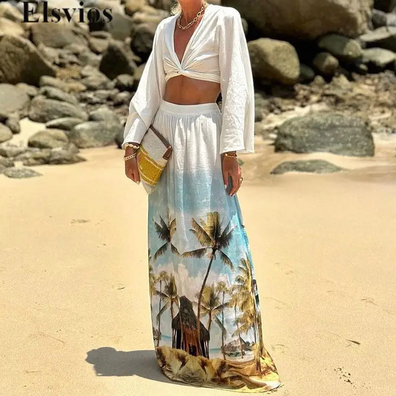 

Tropical Tree Printed High Waist Women's Two Piece Sexy V Neck Blouse Top and Long Skirt Suit 2024 Summer Beach Dresses Outfits