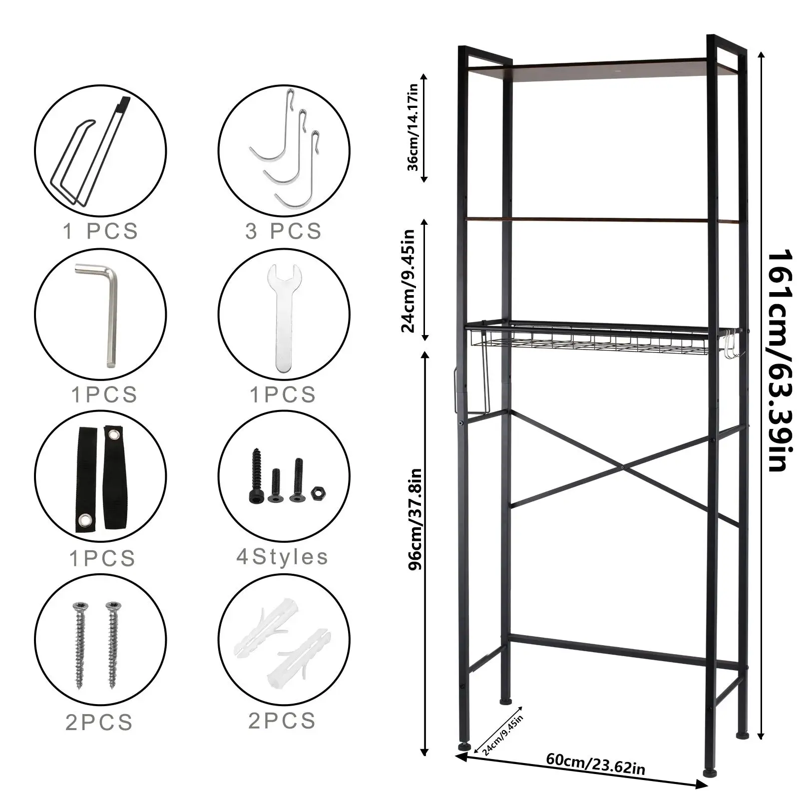 3-Tier Metal Over The Toilet Storage Rack Rustproof Adjustable Bathroom Organizer Shelf Freestanding Space Saver with Toilet Paper Holder & 3 Hooks Heavy Duty Washing Machine Shelves