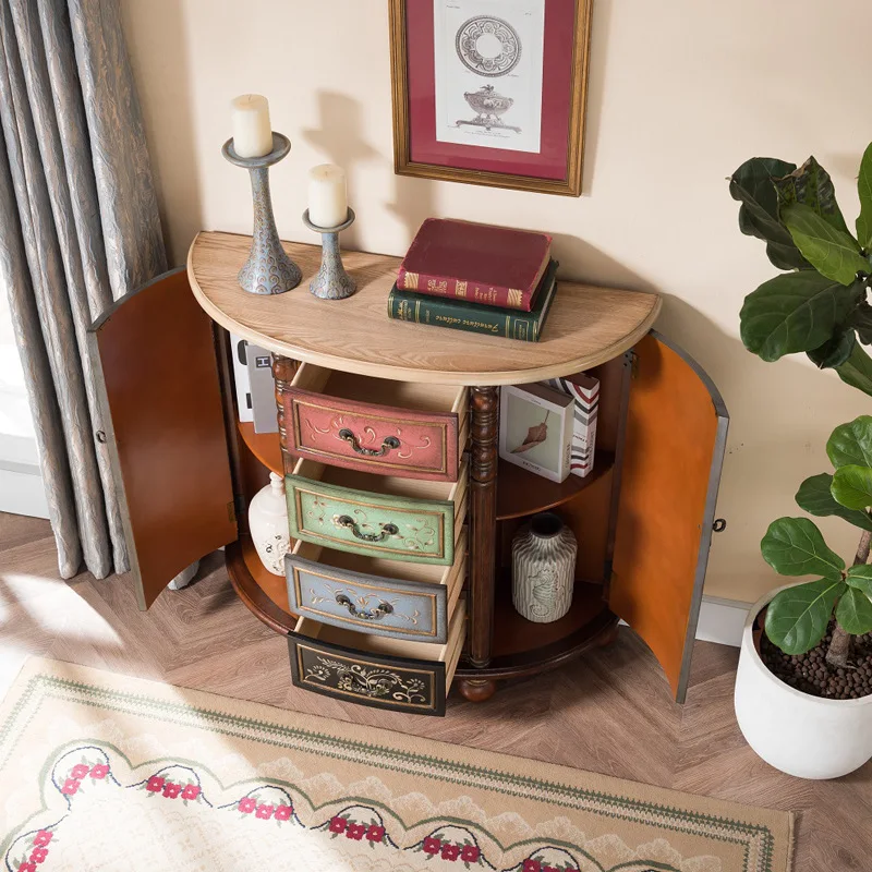 American painted solid wood semicircular entrance cabinet retro hand-painted living room decorative cabinet partition cabinet be