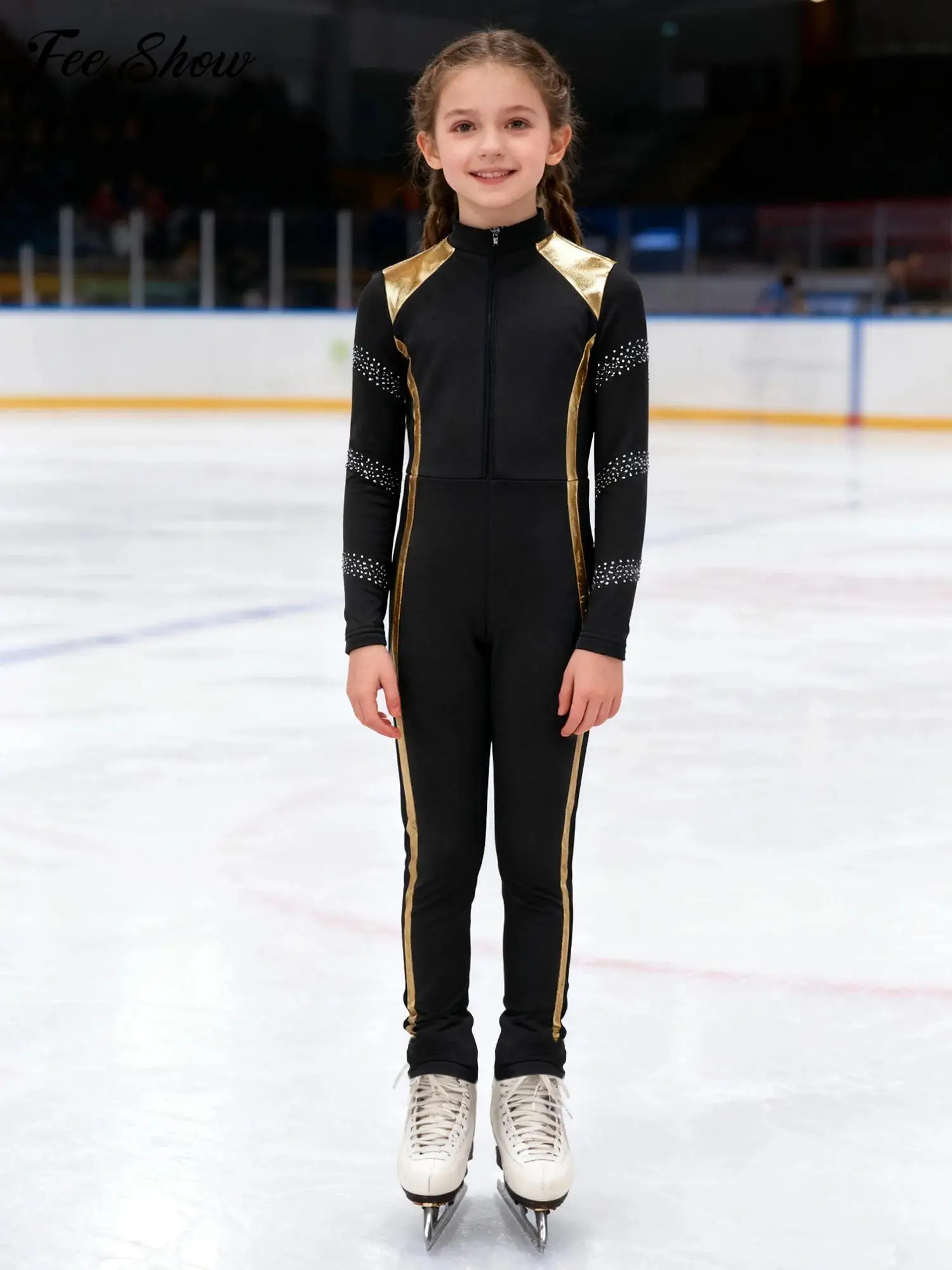 

Children Girls Ice-Skating Training Jumpsuit Long Sleeve Shiny Rhinestones Zipper Warm Leotard for Figure Skating Gymnastics