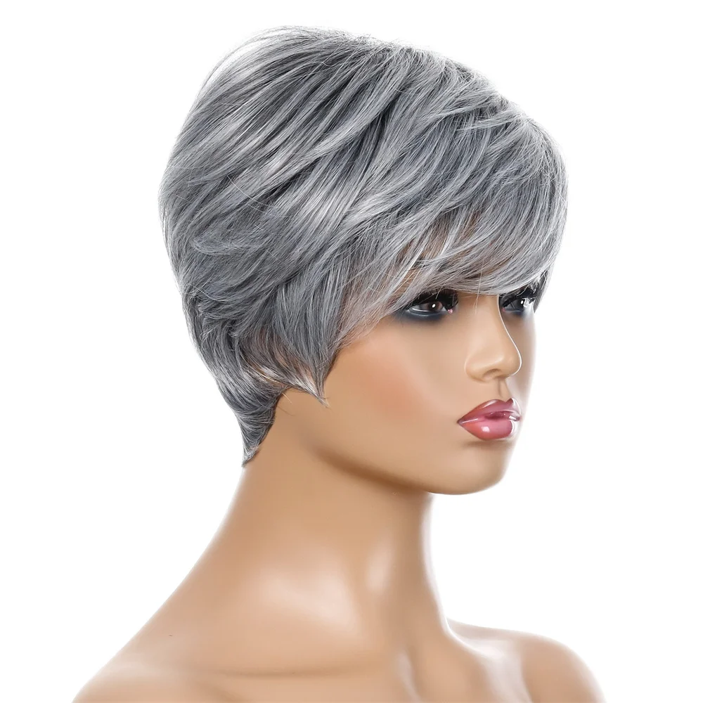 European and American Wigs Women\'s Short Straight Synthetic With Bangs Hair Silver Gray Chemical Fiber Daily Use Fashion Headgea