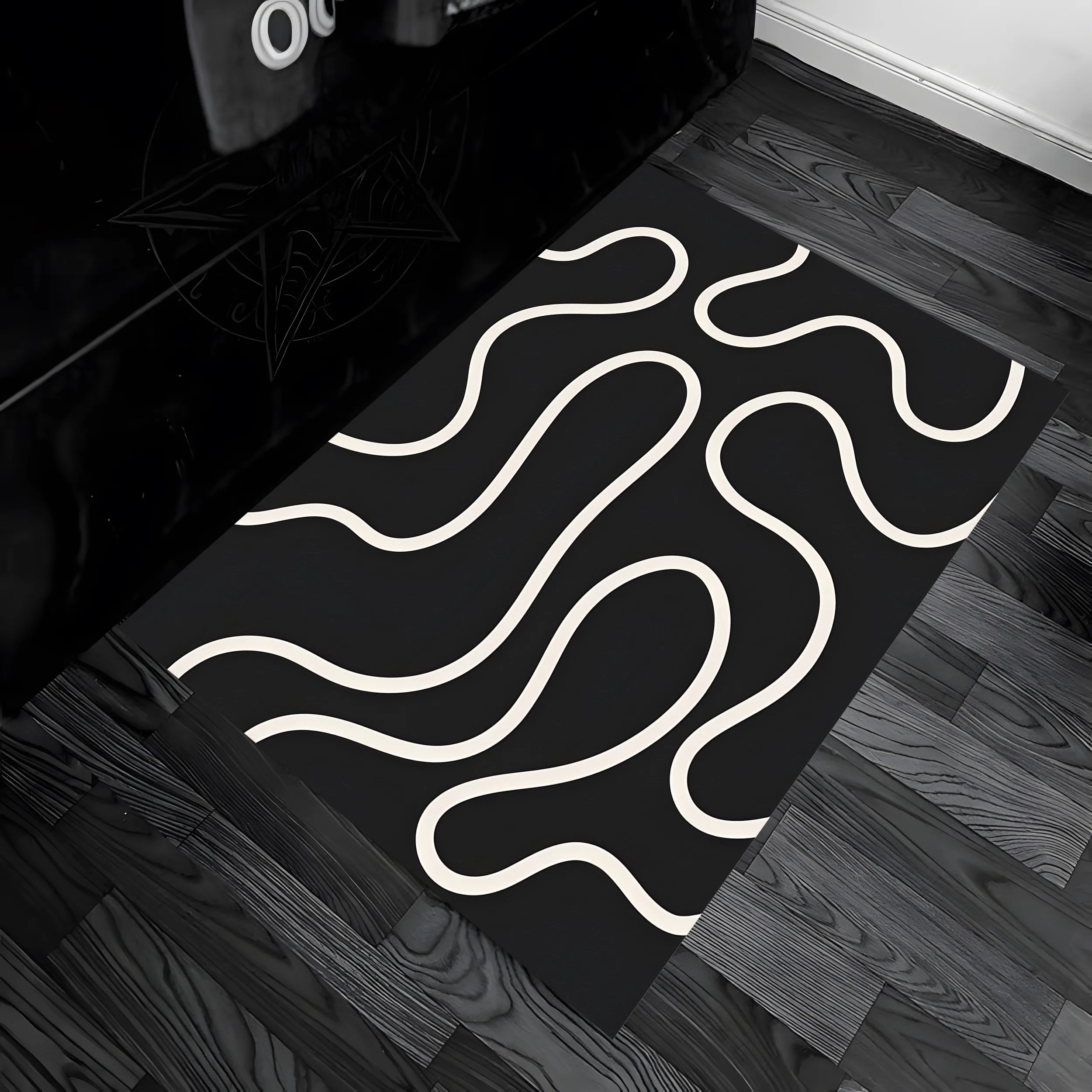 A Minimalist, Instagram-Worthy Velvet Rug with a Black and Milky White Flowing Curve, Suitable for New Year's Housewarming, Living Room, Bedroom, and Entryway, Creating a Cool, Sophisticated, and Simple Ambiance