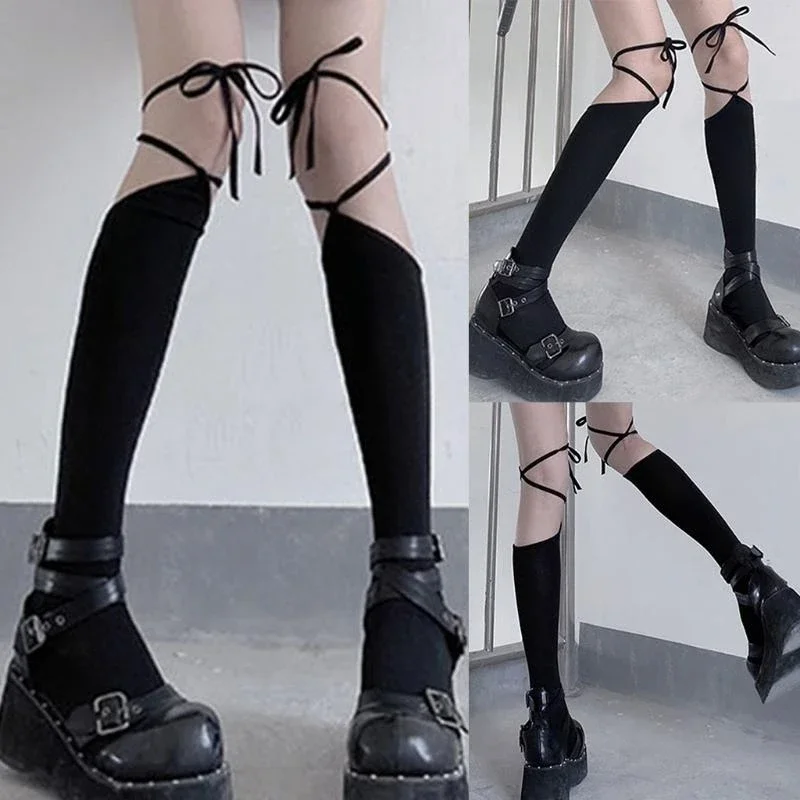 Japanese Women Thigh High Socks Harajuku Gothic Criss for Cross Lace-Up Bandage Student Over Knee Stockings 15UB