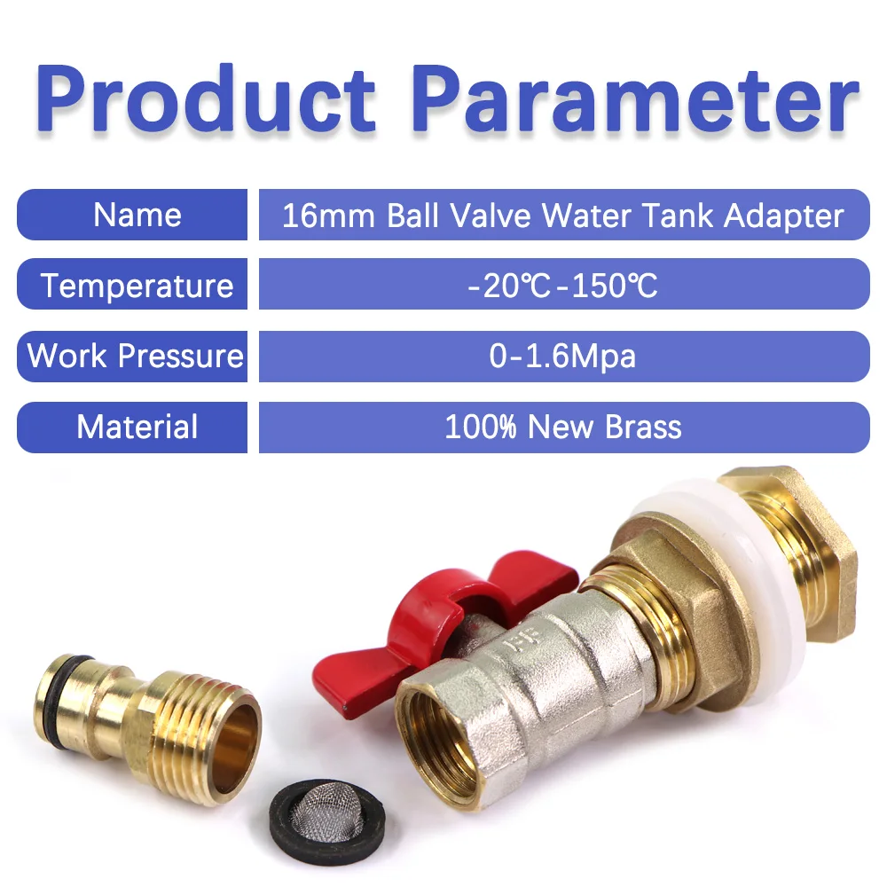 16mm Brass Ball Valve Water Tank Joint Quick Connector Garden Irrigation Fish Tank Adapter Built-in Filter Screen Rubber Washer