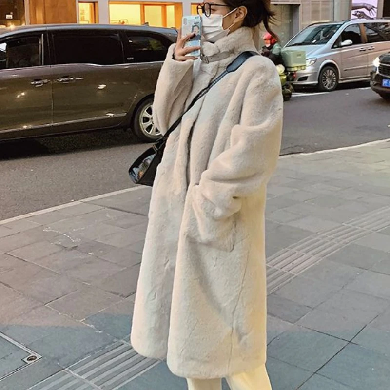 Faux Fur Coat for Women, Mid Length Version, Over-the-Knee, Stand Collar, Plush, Thick, Warm, Casual Parkas, Fashion Outwear
