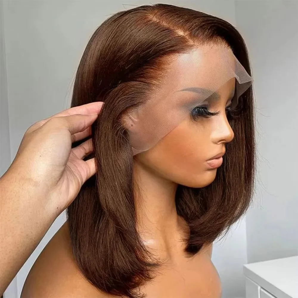 # 4 em linha reta curto bob peruca chocolate marrom 13x4 laço frontal bob peruca pré arrancado bob 14 polegadas perucas para mulher 200 densidade