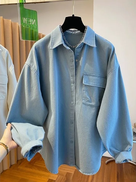 

Свободная женская джинсовая рубашка в корейском стиле, весна 2026, для ношения под одеждой, топ, длинный рукав, хлопок, повседневный стиль, устойчивый к деформации...