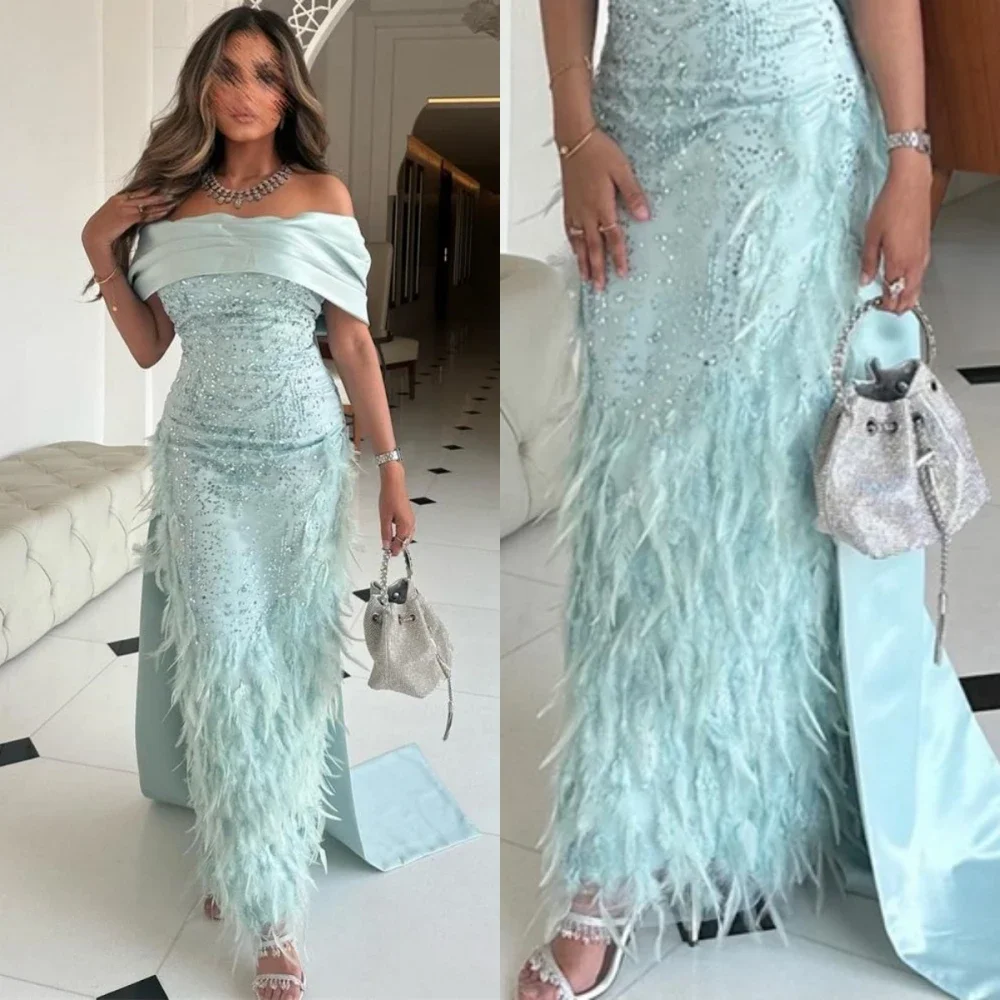 

Sky Blue Prom Dresses Off Shoulder Sheath Celebrity Party Dress Floor Length Feathers Sequin Formal Evening Gowns платье