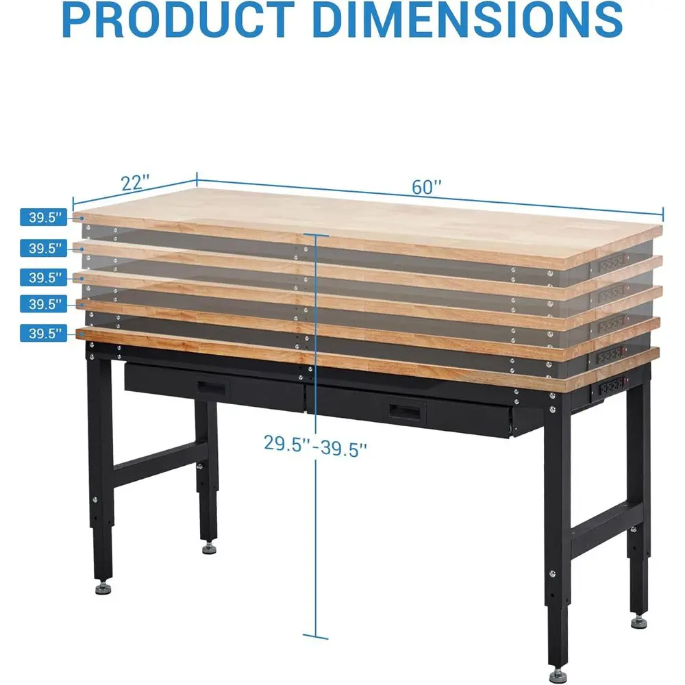 60 Inch Adjustable Work Table, 3000 Lbs acity Rubber Wood Tabletop Workbench, Heavy Duty Work Bench Table with 2 Ders & Pegboard