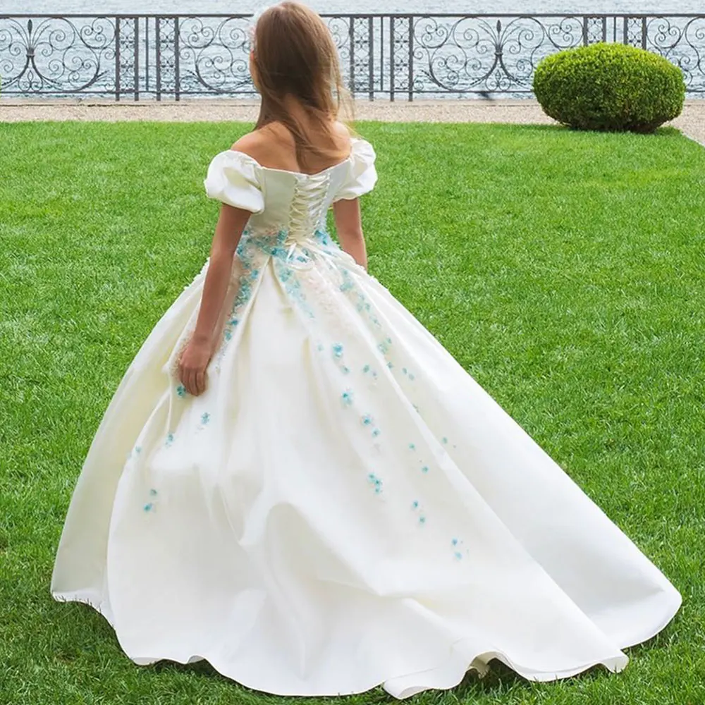 Jill Wish Luxury White Girl Dress 3D Flowers Satin Princess Dubai Kids Wedding Birthday comunione Party abito elegante 2024 J295