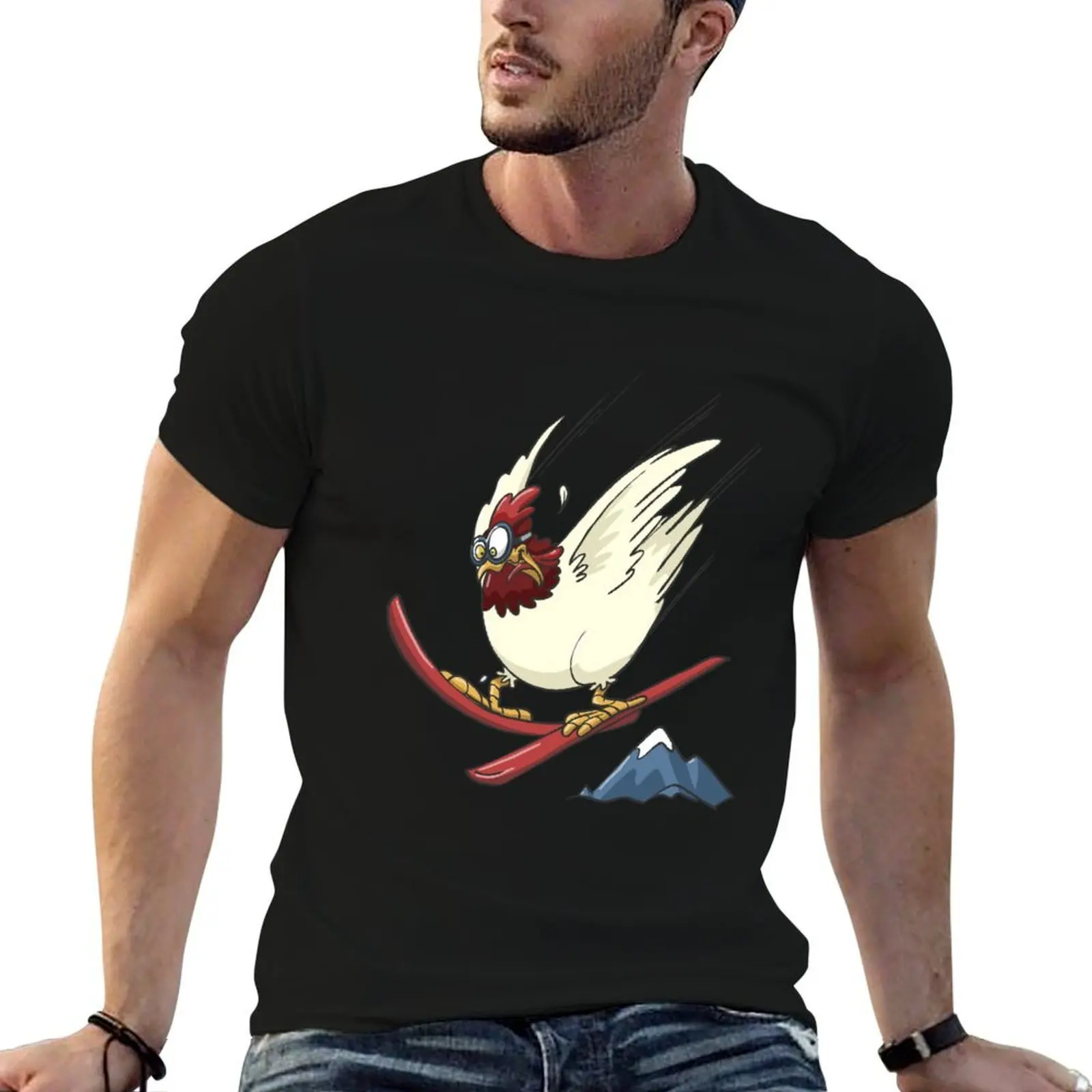 

Chicken on ski flying downhill T-Shirt man t shirt heavy cotton printed t shirts for man T-Shirt