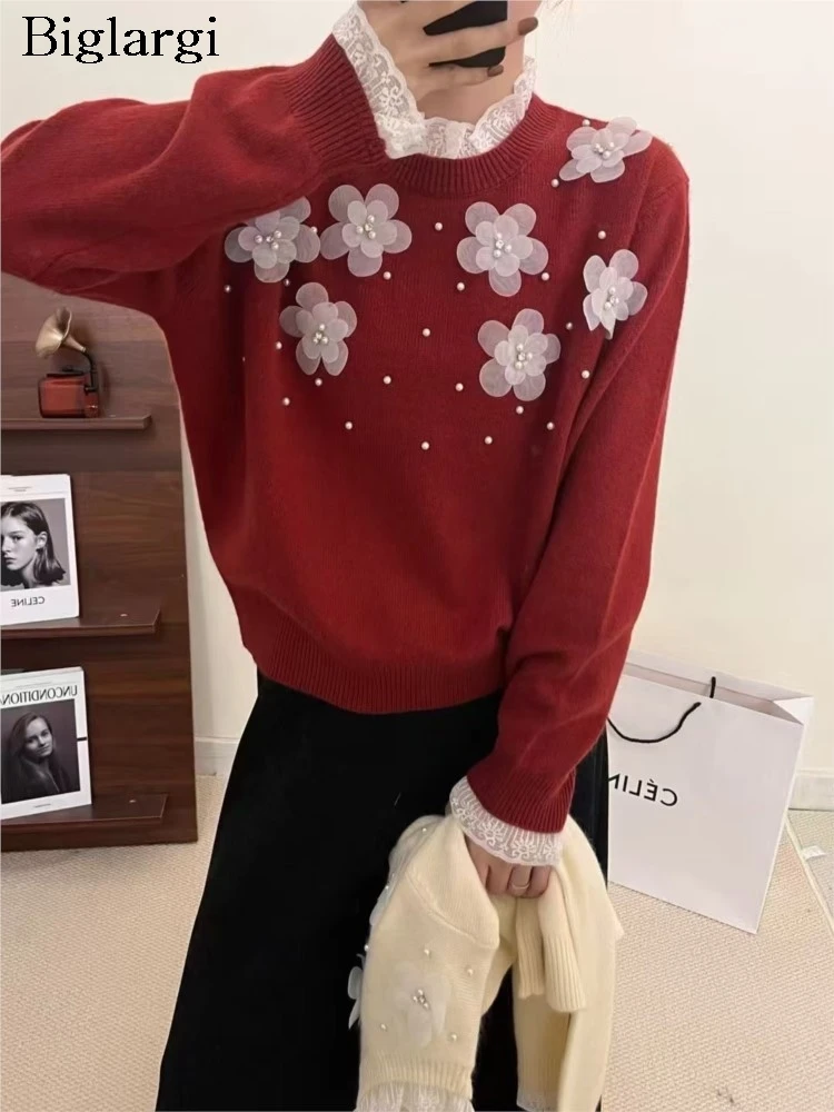 Knitted Autumn Winter Pullover Sweater Women Lace Patchwork Fashion Pearl Flower Ladies Sweaters Korean Style Woman Sweater Tops