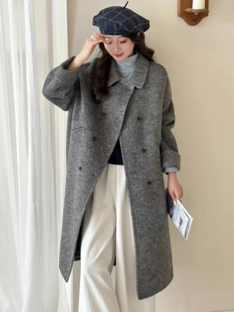 ZMEENNA Damen Zweireihiger Langer Mantel aus Wollmischung, elegante Winterjacke, lässig, einfarbig, übergroße Oberbekleidung ZM3634