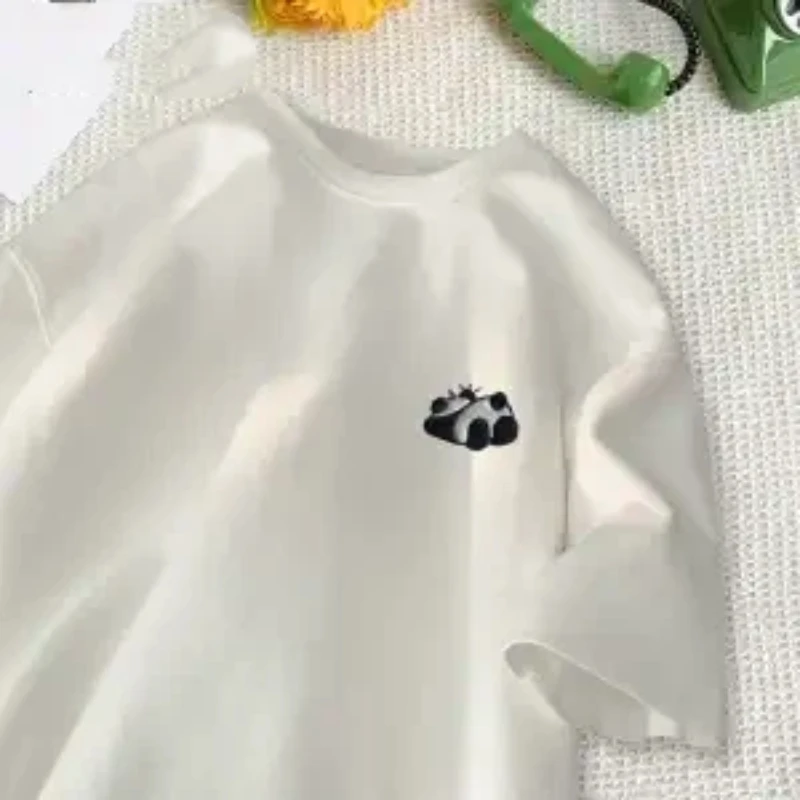 

Unisex Panda Embroidery Crew Neck Short Sleeve T Shirt Casual Breathable Summer Cotton Tee