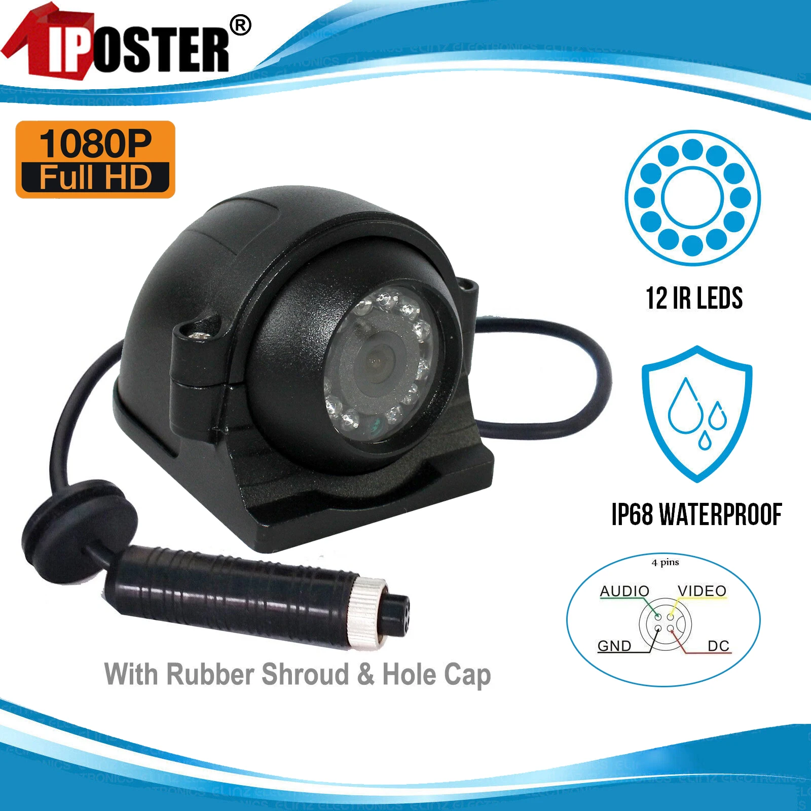 

iPoster 4PIN AHD 1080P Side Rear View Reversing Camera Dome Metal Case 12 IR Night Vision IP68 Waterproof 120° View For Truck Rv